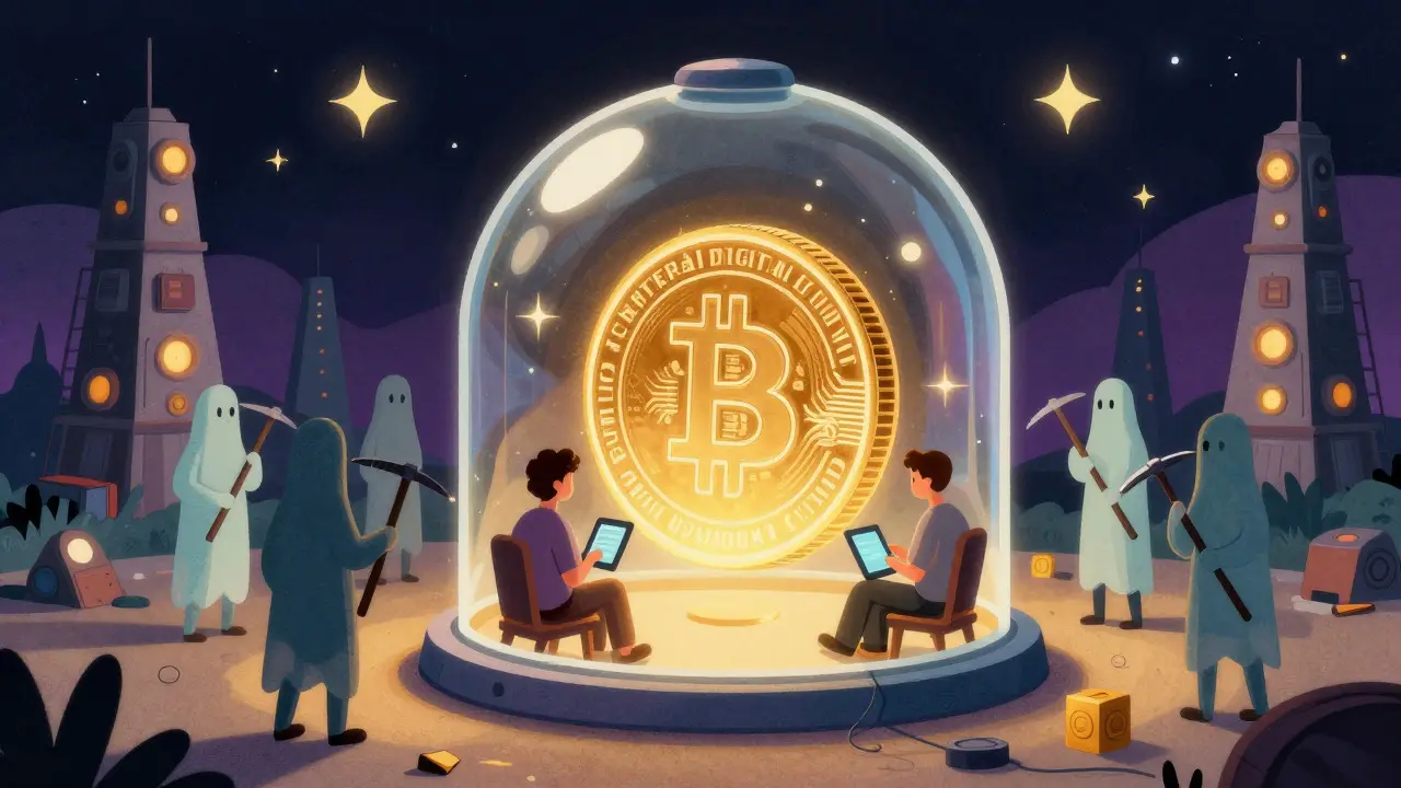 Digital coin glowing inside a glass dome on Kish Island, surrounded by shadowy miners outside.