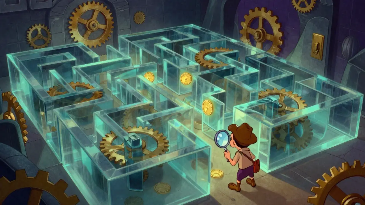 Explorer entering a complex maze of gears and glass in vintage cartoon art