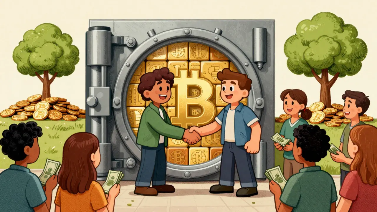 Founders guarding a Bitcoin vault while donating profits in vintage art.