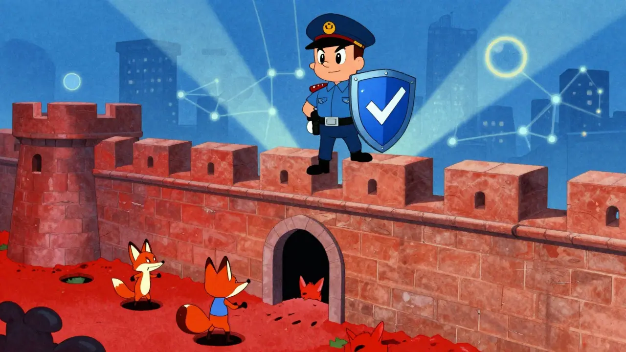 Guard protecting a fortress from scam traps in vintage cartoon illustration