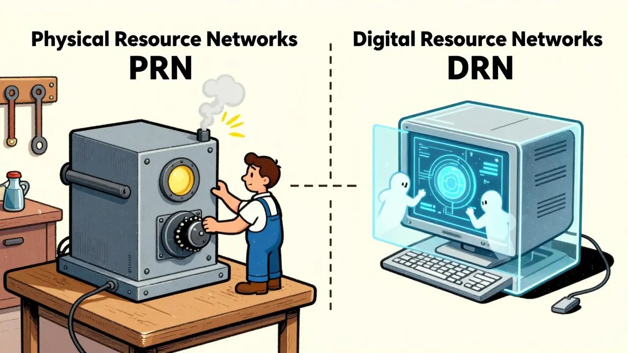 Illustration comparing hardware-based nodes with digital resource sharing setups