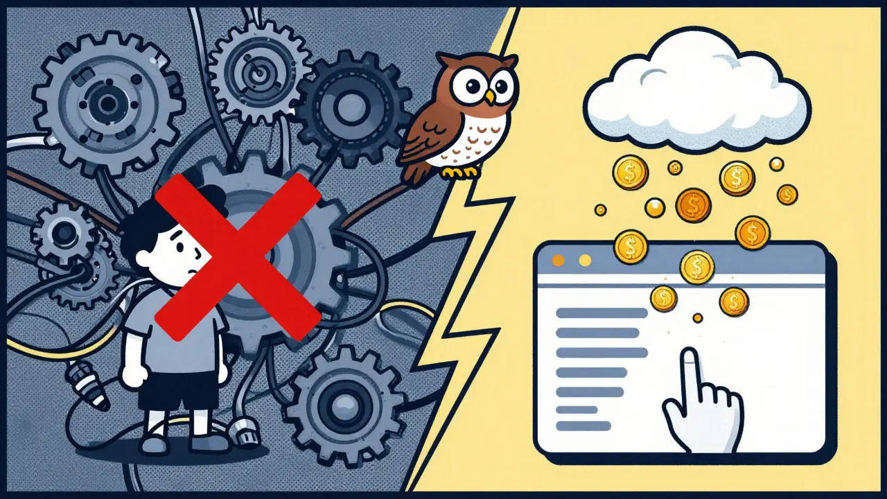 Illustration contrasting complex tech with simple participation, featuring an owl and falling coins.