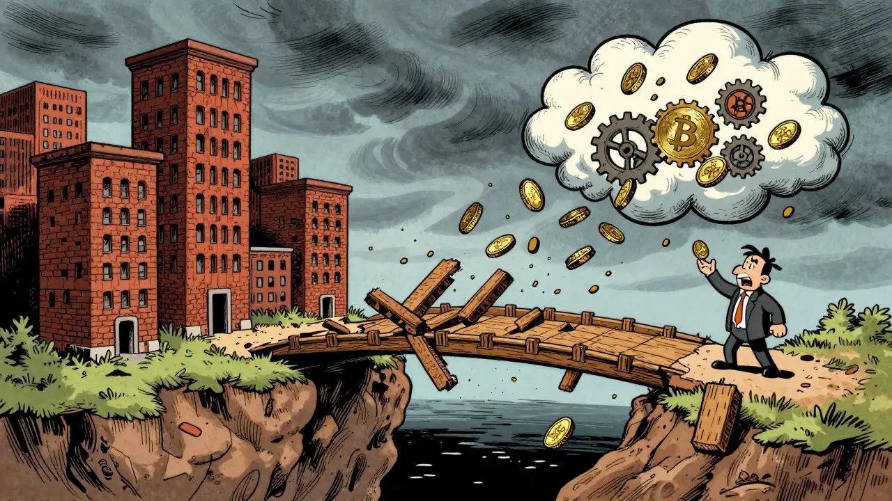 Illustration of a breaking bridge between a house and digital coins