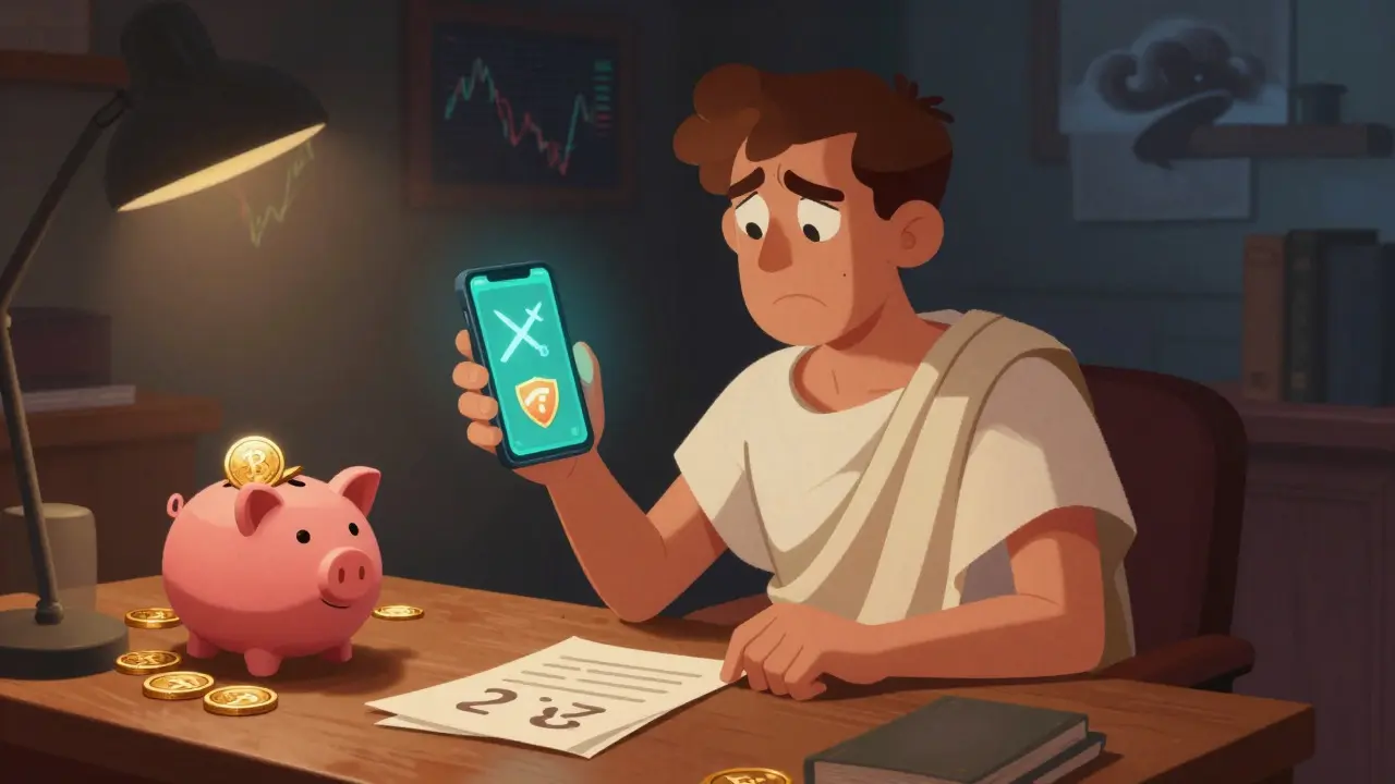 Illustration of a confused investor checking a phone