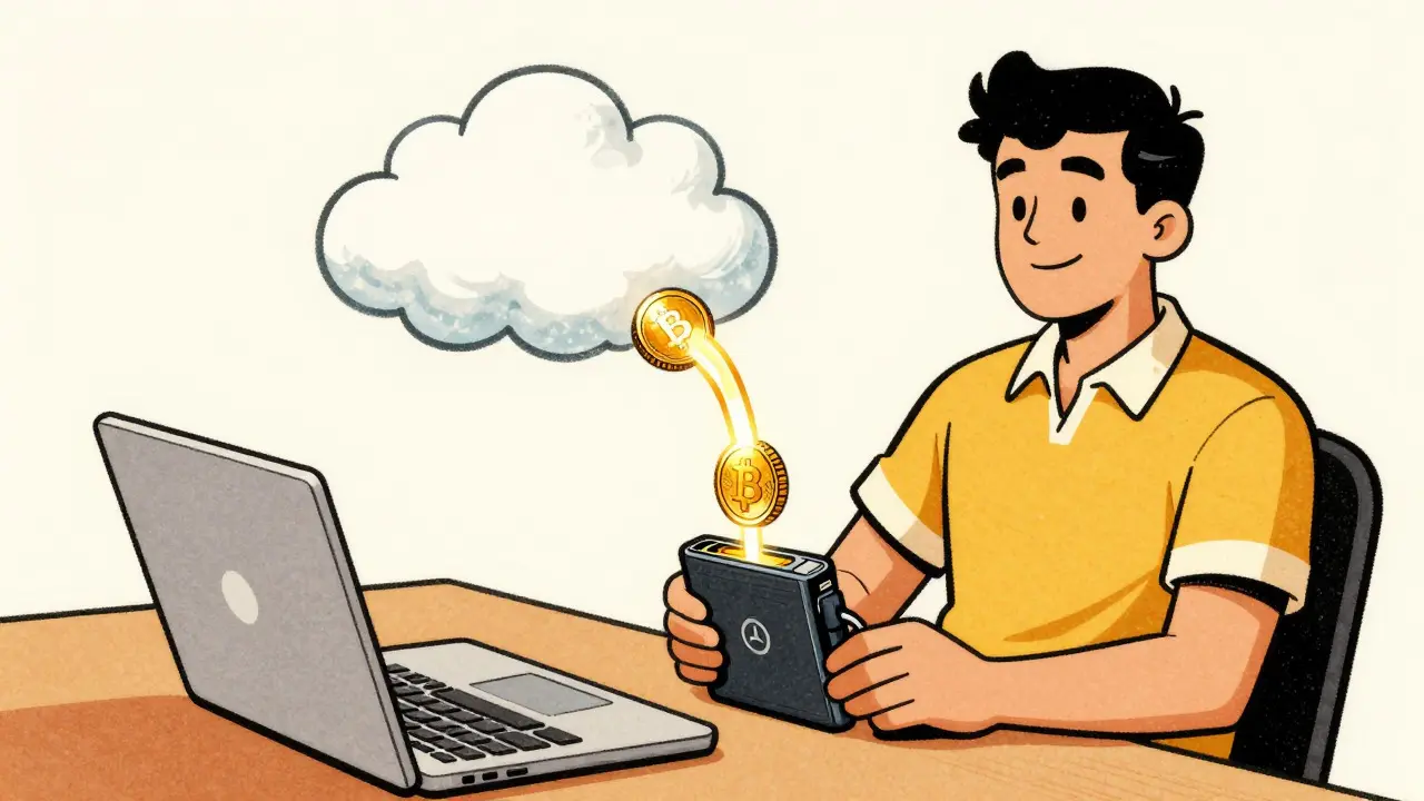 Illustration of a developer receiving crypto directly to a hardware wallet without intermediaries.