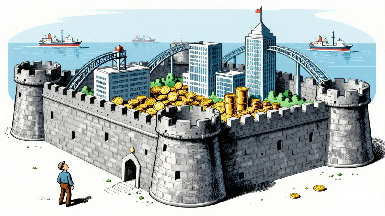 Illustration of a fortress blocking small businesses from crypto rules
