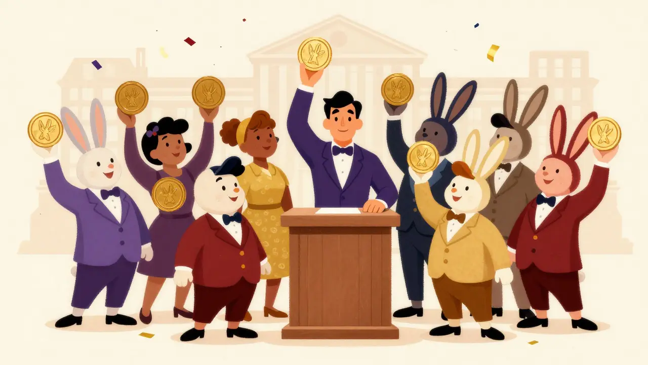 Illustration of characters voting with tokens in a vintage style