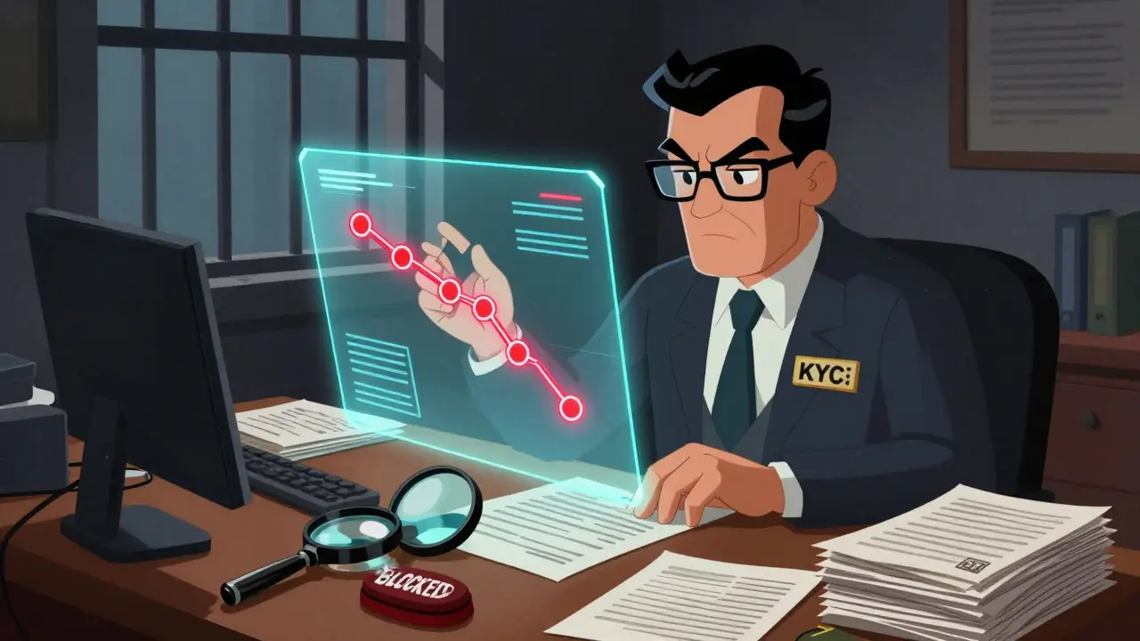 Illustration of compliance officer screening blockchain transactions