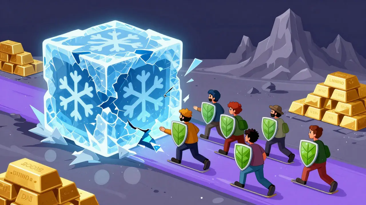 Illustration of people dodging a freezing ice block while moving along a smooth purple path.