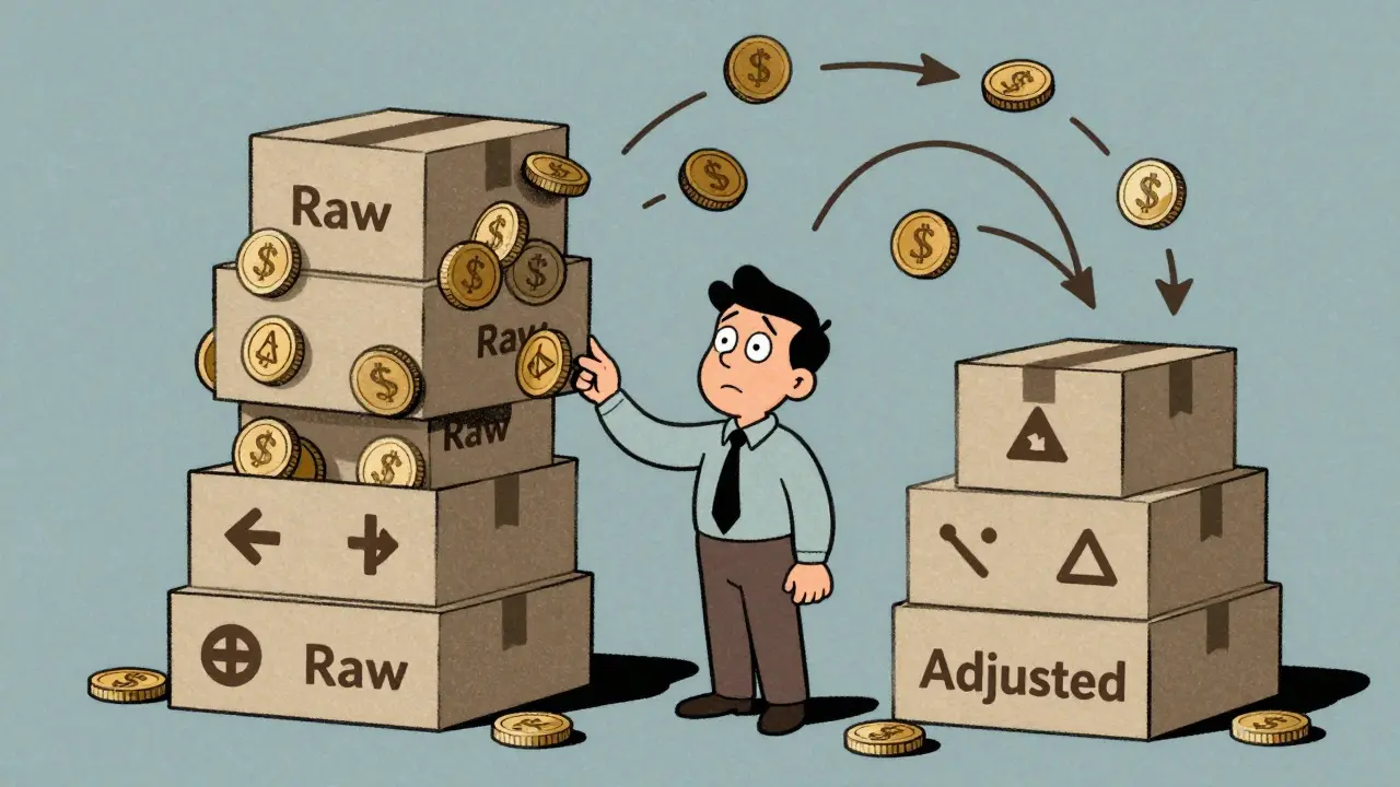 Illustration showing the difference between inflated and adjusted data stacks