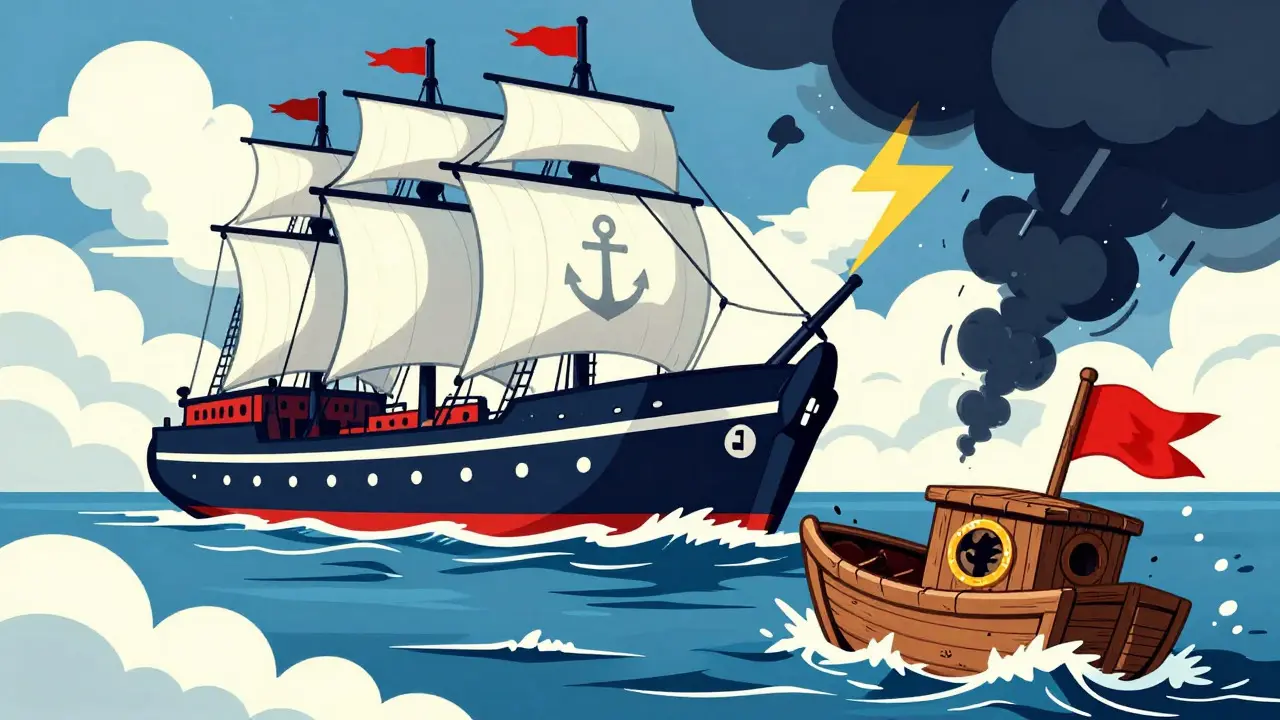 Large stable ship sailing calmly next to a small boat in rough seas