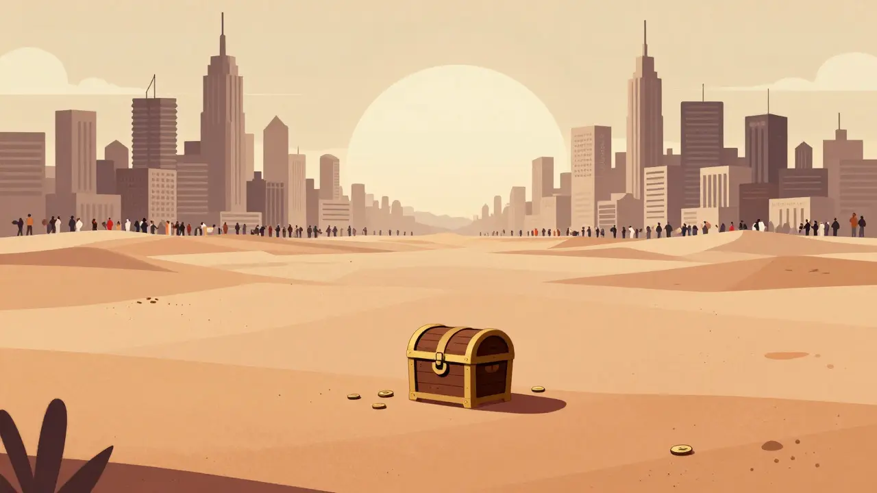 Lonely chest in desert vs distant busy cities illustrating low volume