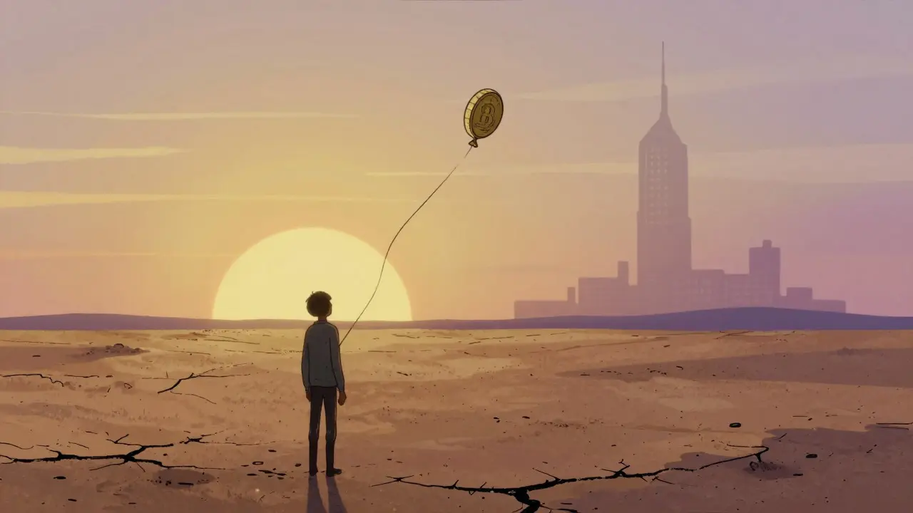 Lonely figure holding a deflating coin balloon in a desert landscape