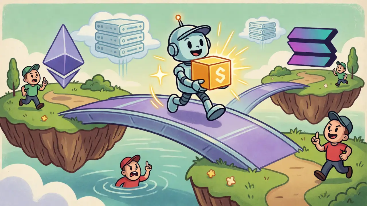 Retro cartoon robot carrying assets across a bridge connecting blockchain islands.