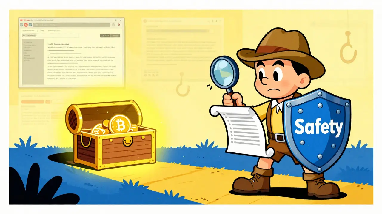 Retro illustration of a user avoiding crypto scams with a shield