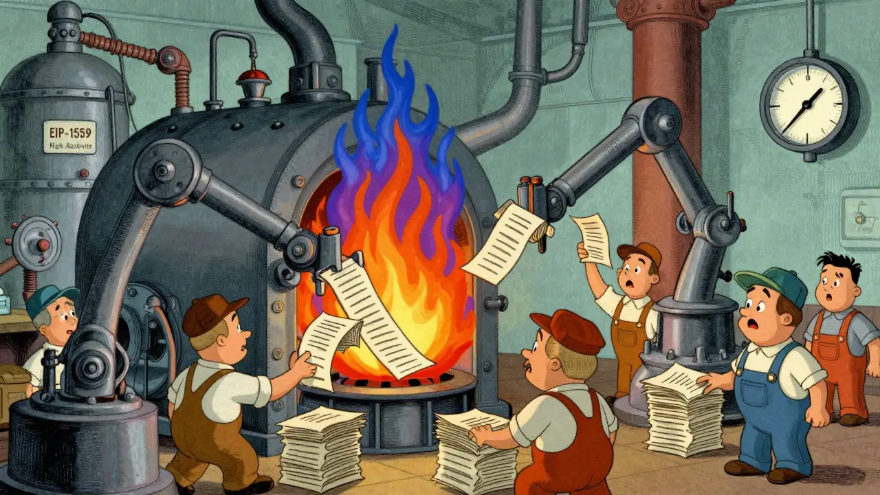 Retro illustration of Ethereum fees burning in an industrial furnace