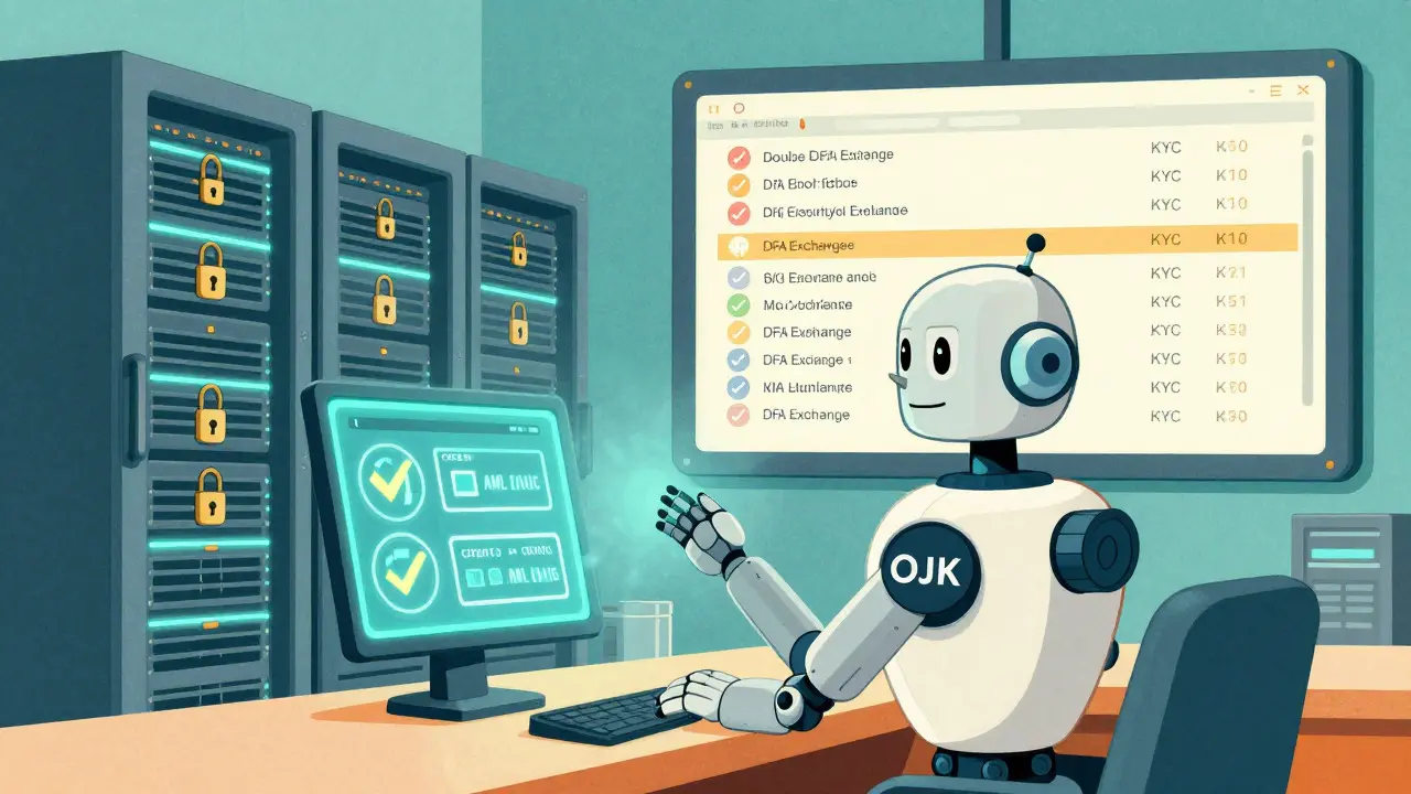 Robot inspector scanning secure servers and crypto lists in vintage illustration
