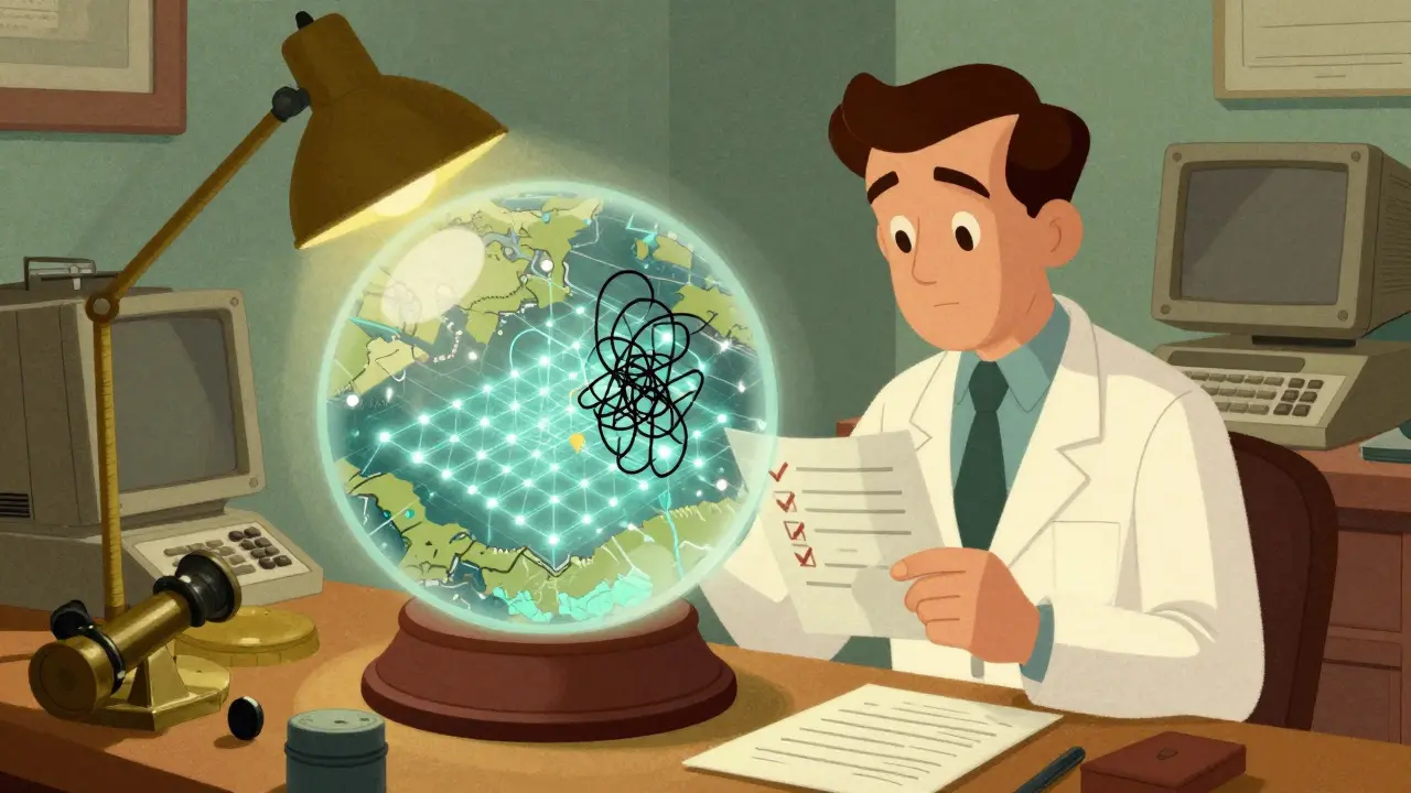 Scientist inspecting a crystal ball showing a digital network map