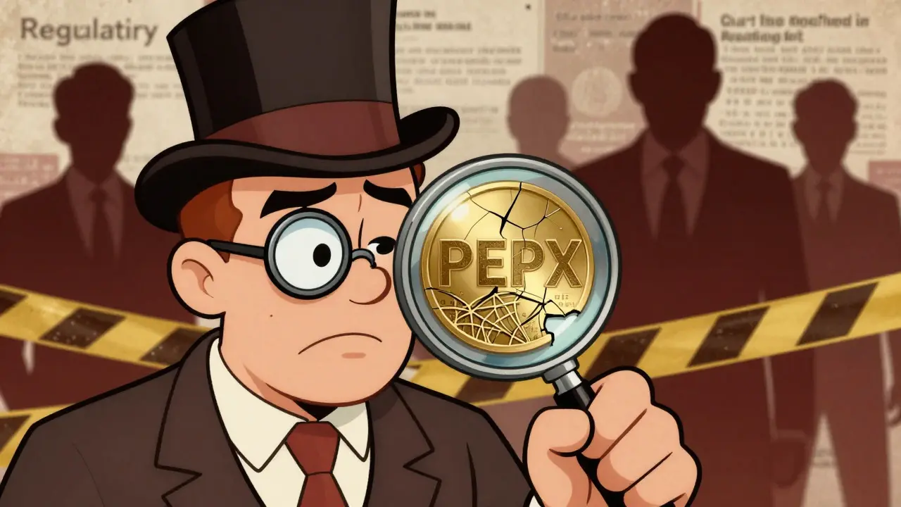 Skeptical cartoon investor examining fragile PEPX token with magnifying glass.