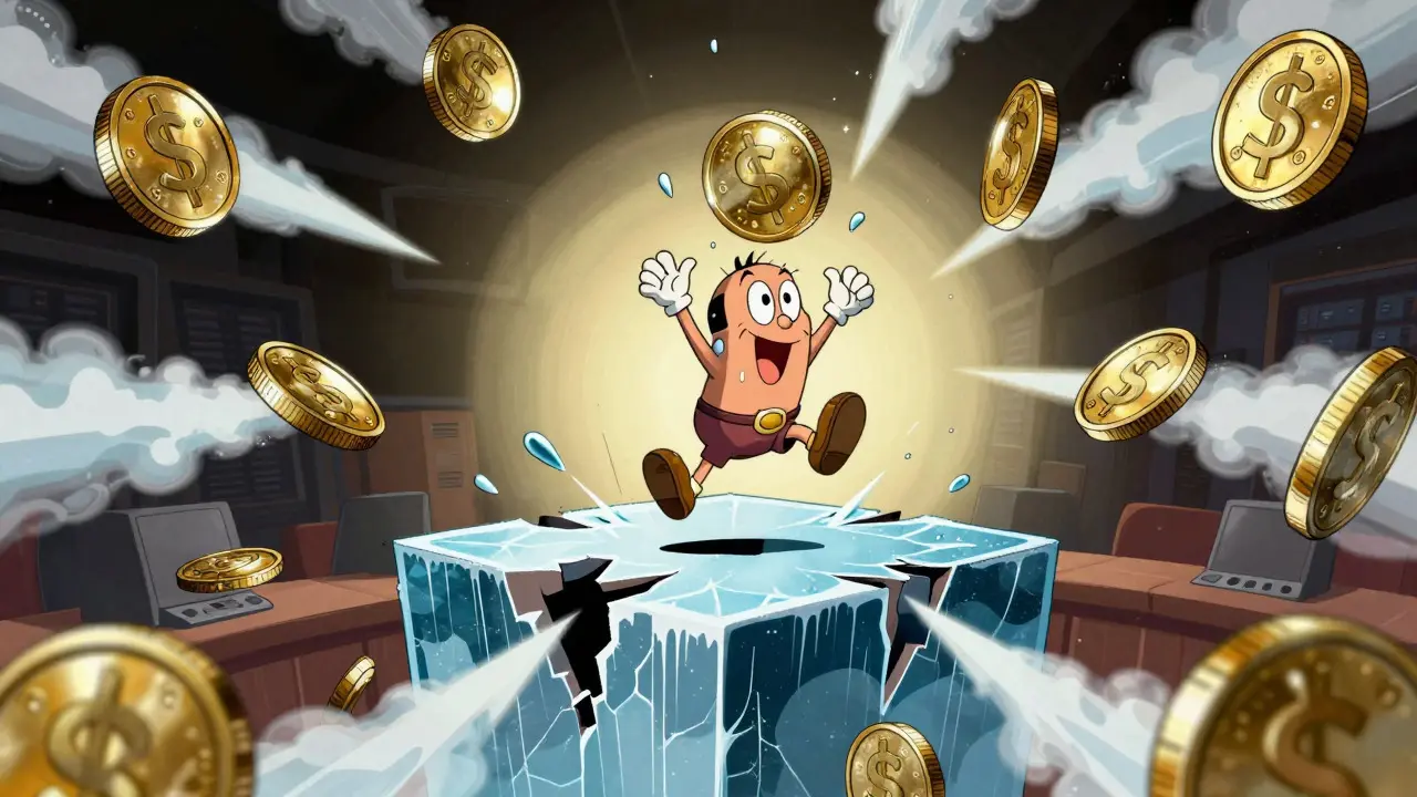 Small coin struggling on crumbling platform while others leave