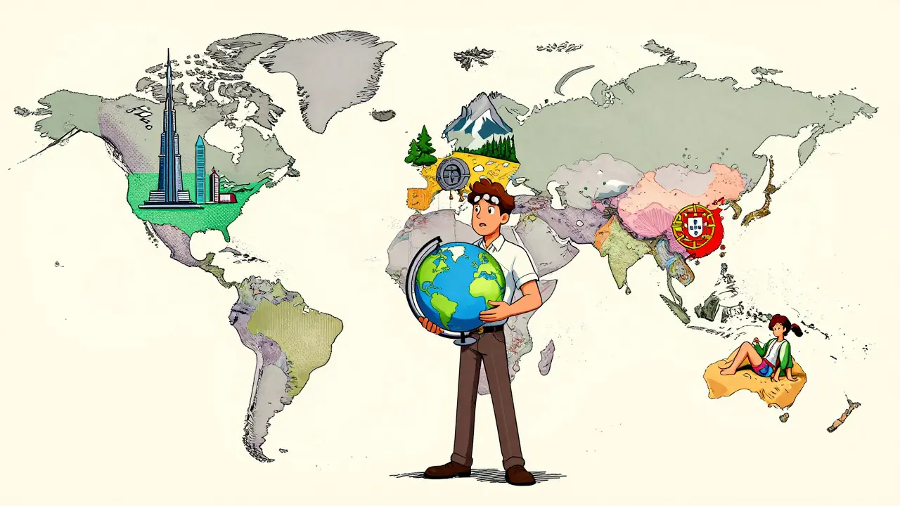 Stylized map highlighting Dubai, Switzerland, and Portugal as top crypto-friendly jurisdictions for traders.