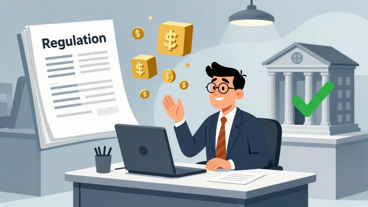 Trader balancing regulatory documents and banking access in a modern office setting with blockchain visuals.