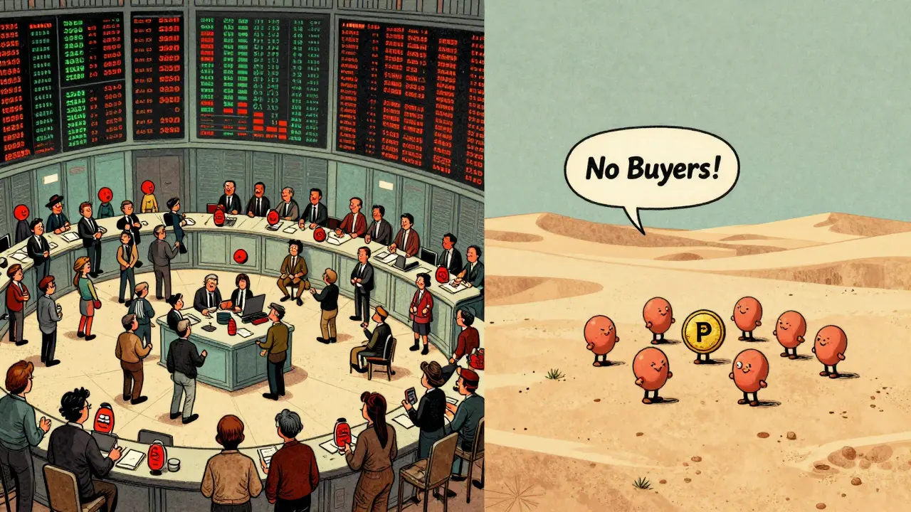 Vintage cartoon comparing busy stock market to empty PEPX token holders.