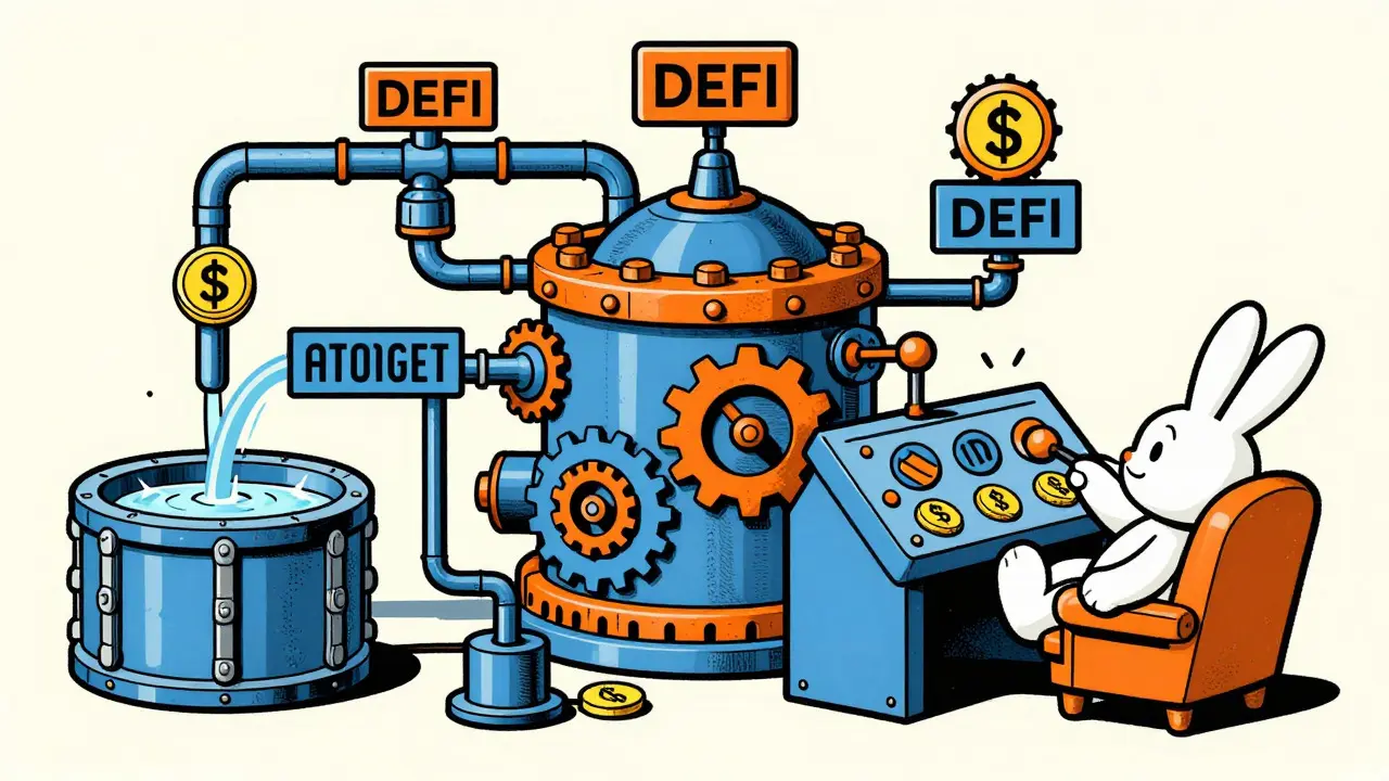 Vintage cartoon of bunny operating automated DeFi machinery
