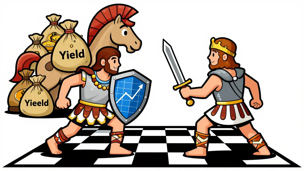 Vintage cartoon of gamers battling with crypto weapons