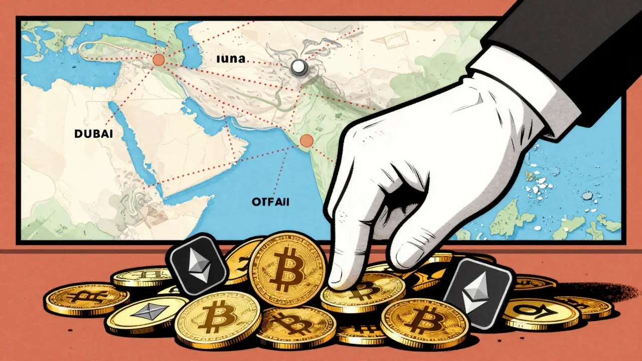 Vintage cartoon of hand blocking crypto tokens and money trails