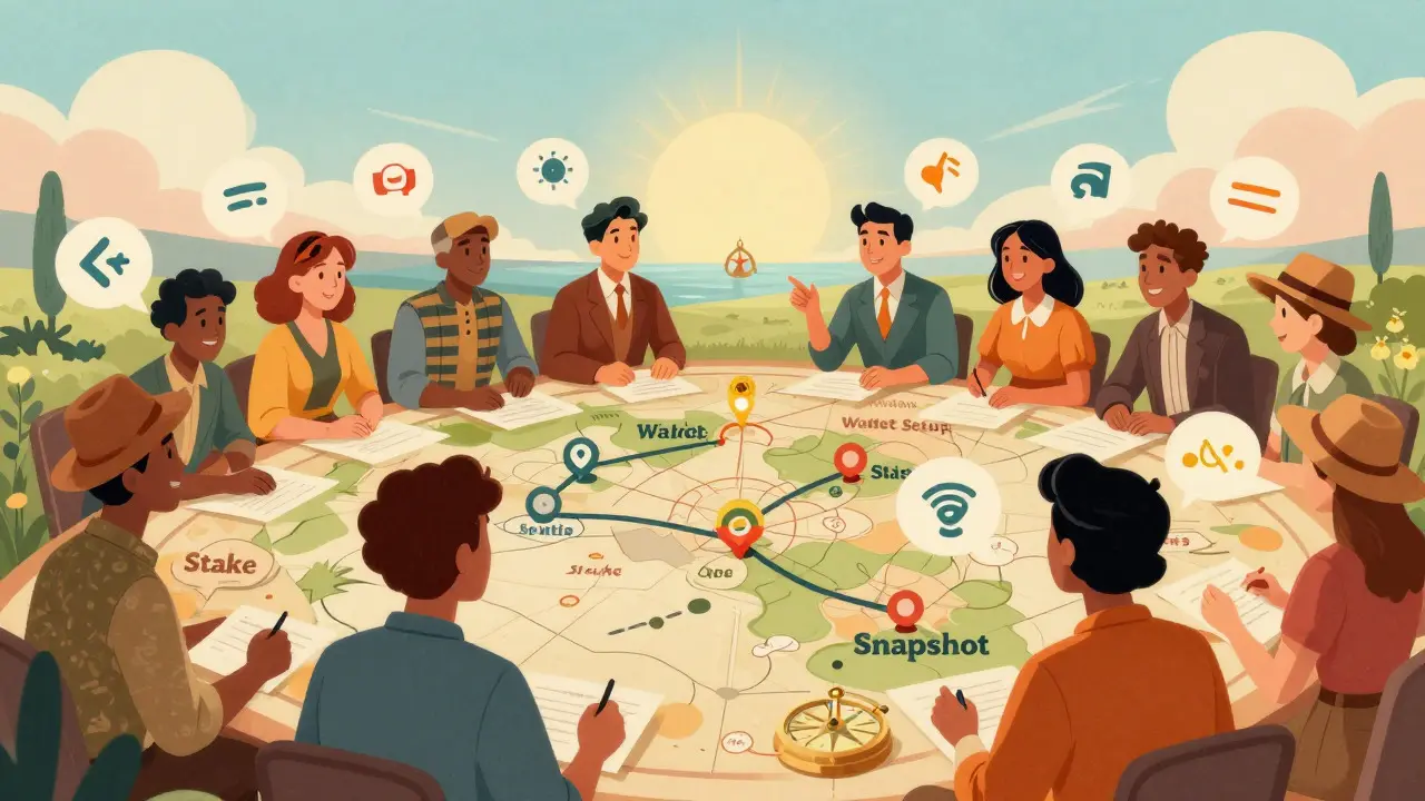 Vintage cartoon of people planning their strategy for a crypto airdrop