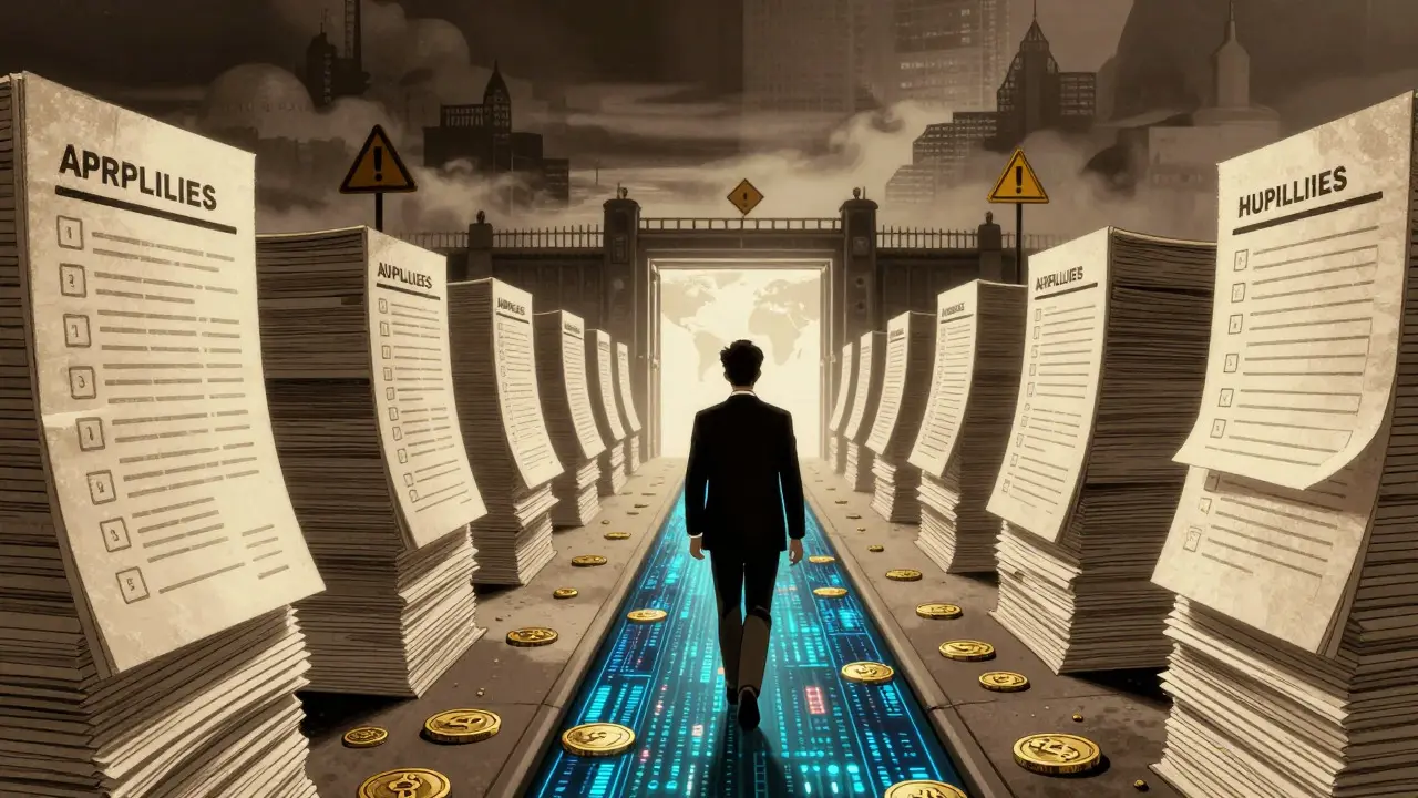 Vintage cartoon showing a business navigating complex compliance paths