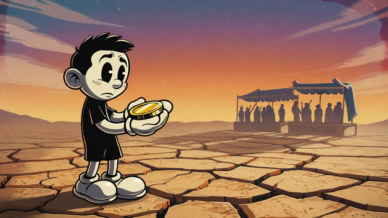 A lonely cartoon character holding a coin in a barren desert, symbolizing low liquidity.