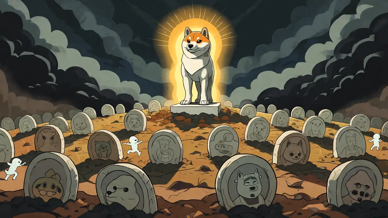 A surviving Shiba Inu statue standing among many failed coin tombstones.