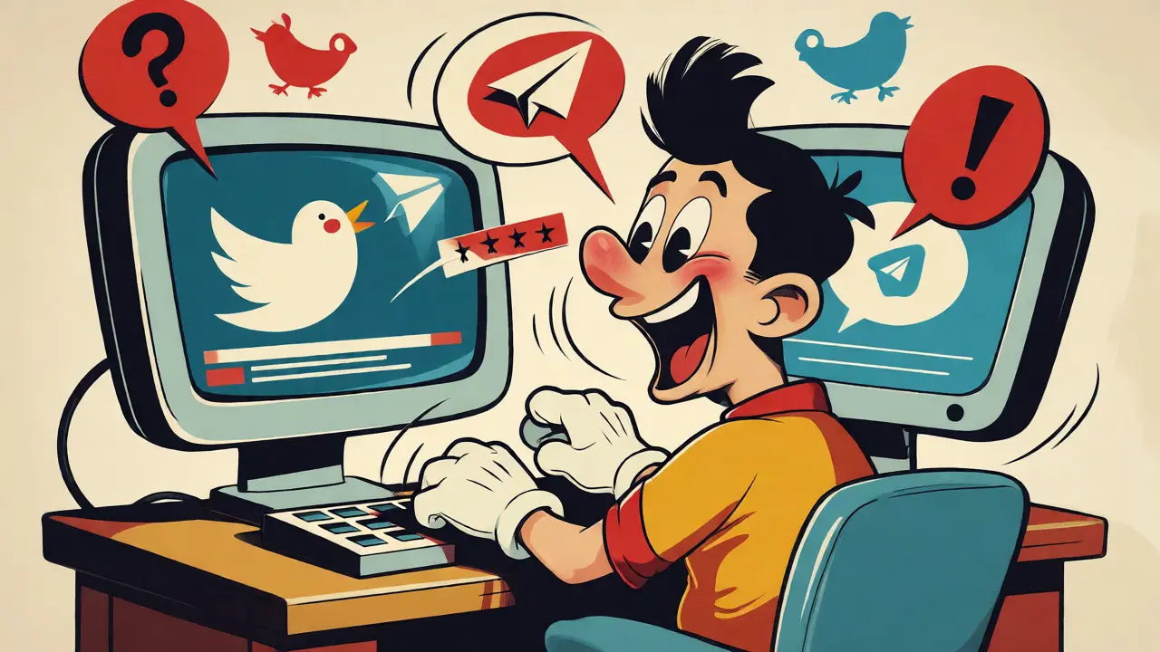 A vintage-style cartoon figure engaging with social media apps to enter a token giveaway.