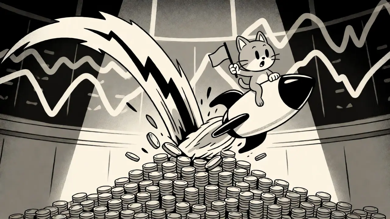 Cartoon cat riding a crashing rocket amidst coin piles