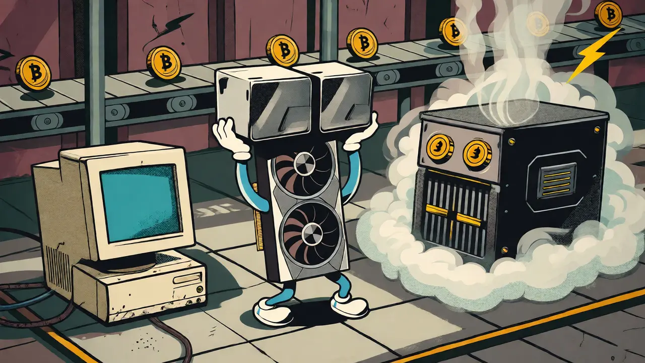 Cartoon comparison of an old PC, a struggling GPU, and a powerful ASIC miner.