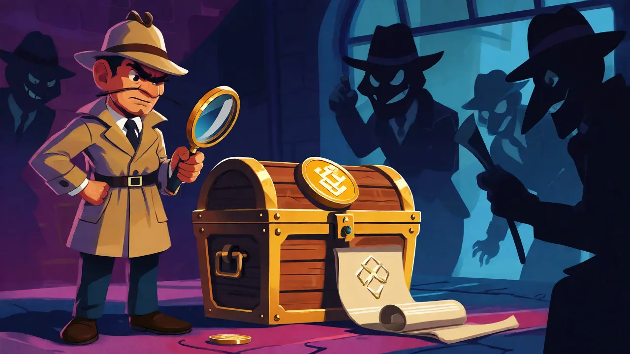 Cartoon detective guarding tokens from scammer shadows