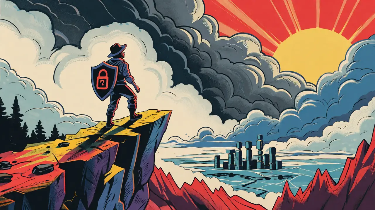 Cartoon explorer standing on a cliff overlooking a futuristic blockchain city, representing crypto market volatility.