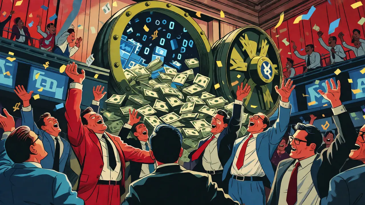 Cartoon illustration of investors celebrating the launch of the Purpose Bitcoin ETF