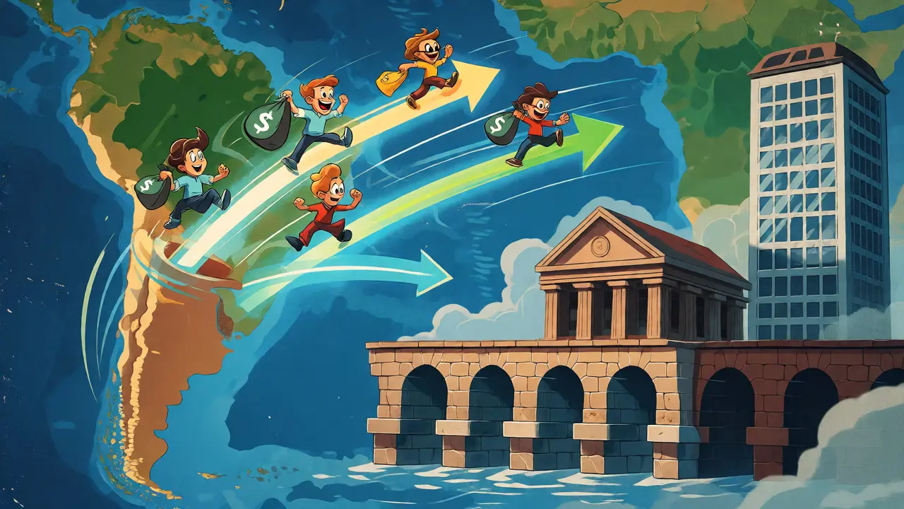 Cartoon map showing crypto bridges connecting Argentines to global markets.