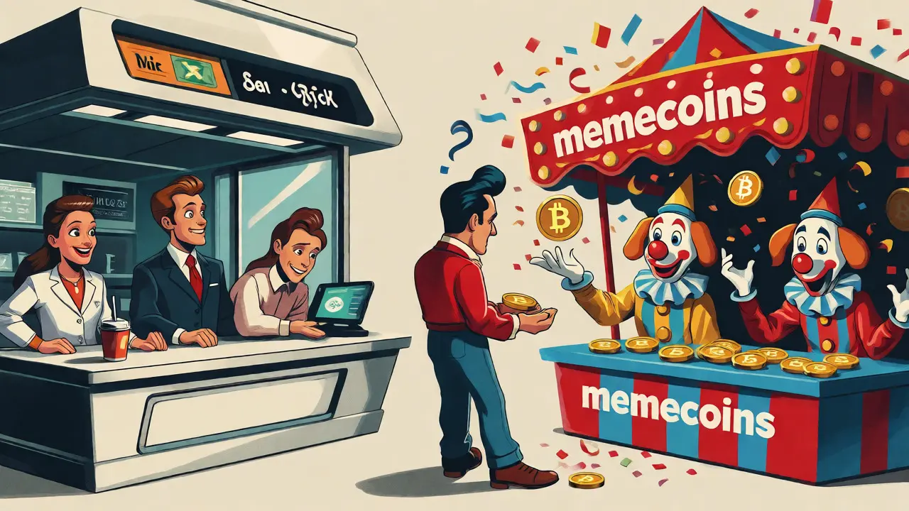 Cartoon merchants rejecting memecoins as payment in a digital market.