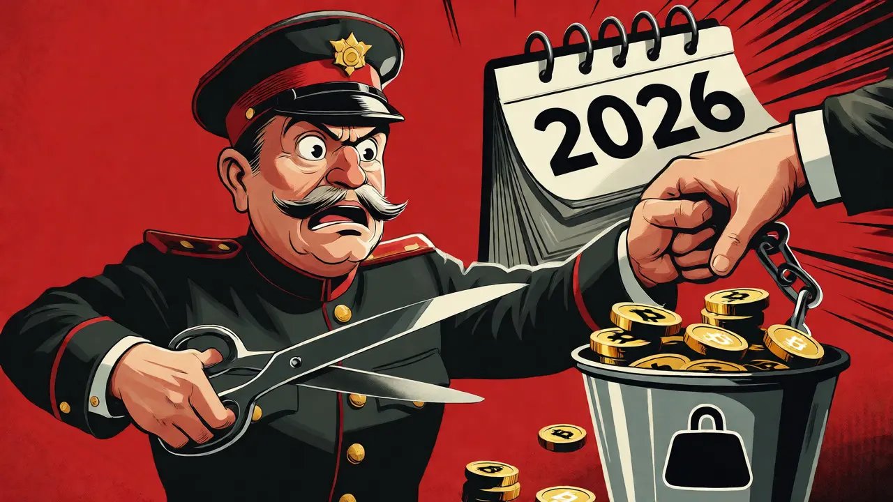 Cartoon of an official confiscating crypto assets with scissors to illustrate 2026 penalties.