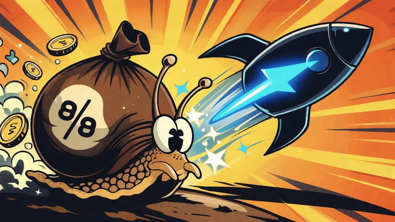 Cartoon rocket ship zooming past a slow snail, illustrating low fees and fast transactions on WigoSwap.