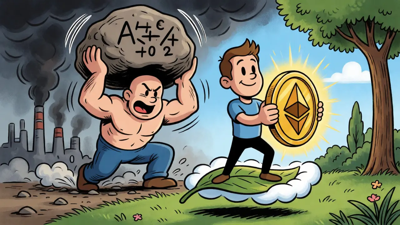Cartoon showing PoW giant struggling versus PoS validator's ease