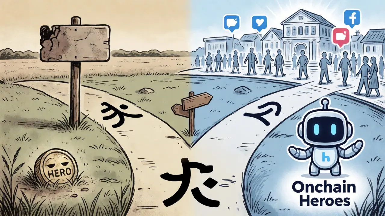 Cartoon split scene contrasting the dormant FarmHero path with the active Onchain Heroes path.