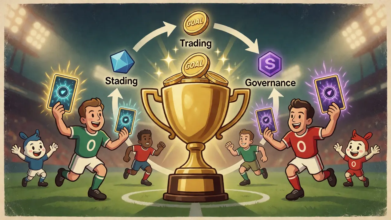 Cartoon style depiction of GOAL token utility in football metaverse