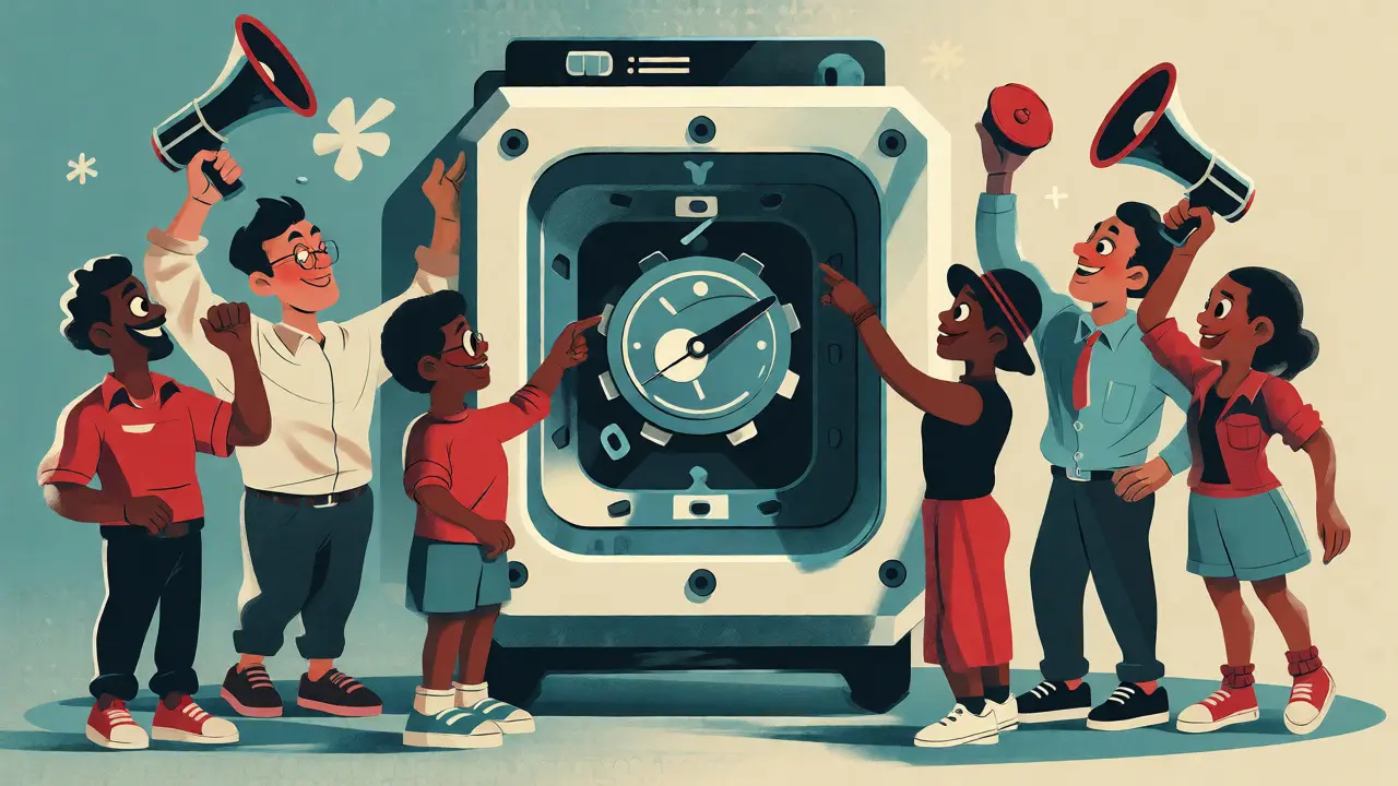 Community gathering around a blockchain vault in vintage cartoon style