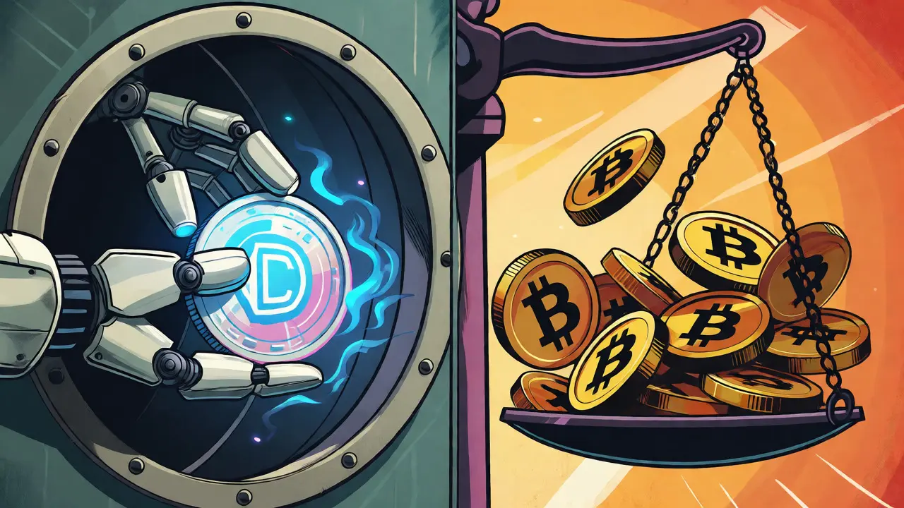 Controlled CBDC coin vs blocked Bitcoin in balanced scale vintage cartoon illustration