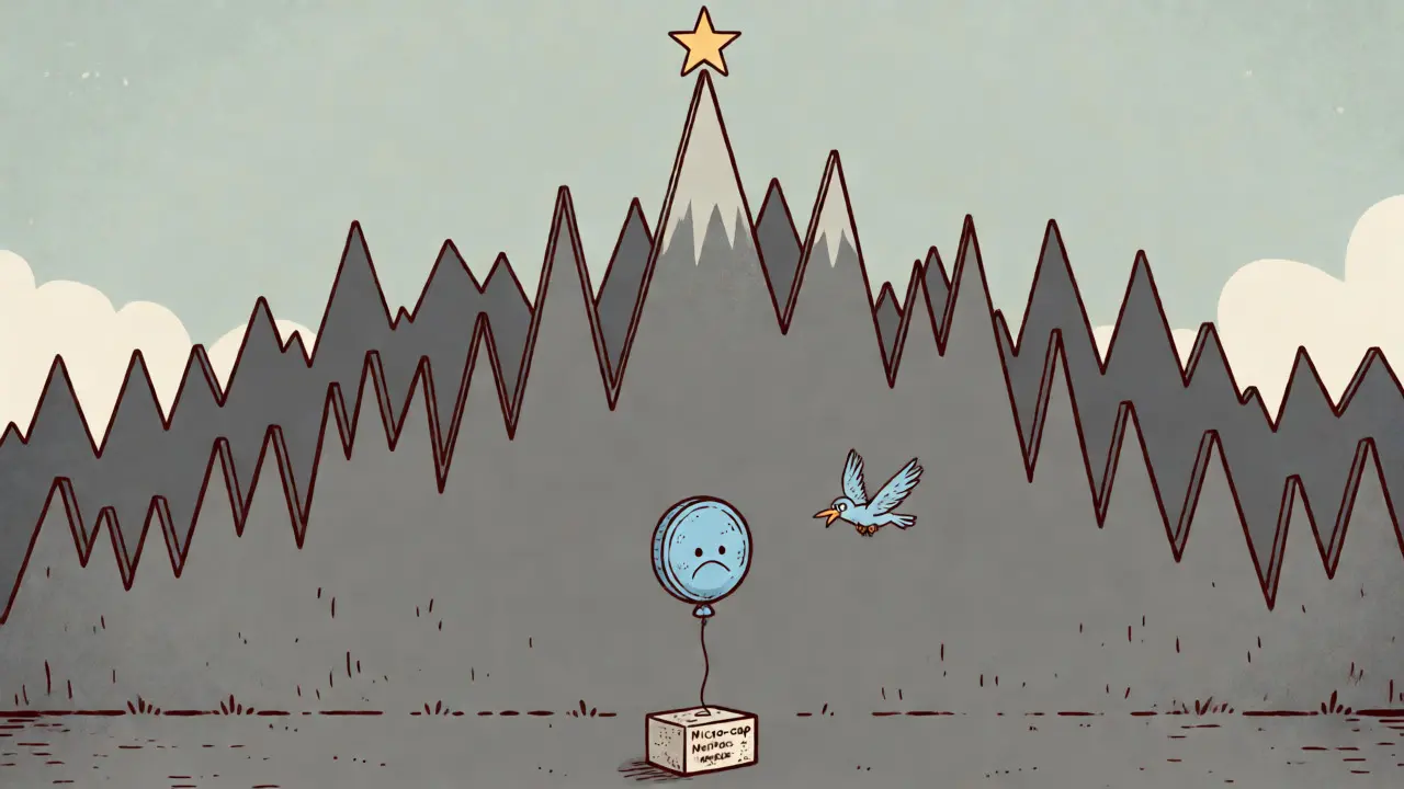 Deflated crypto token balloon beneath a towering price chart mountain.